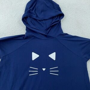 LuLaRoe Hoodie Womens XL Navy Blue Cat Face Graphic Kangaroo Pocket Raglan Top
